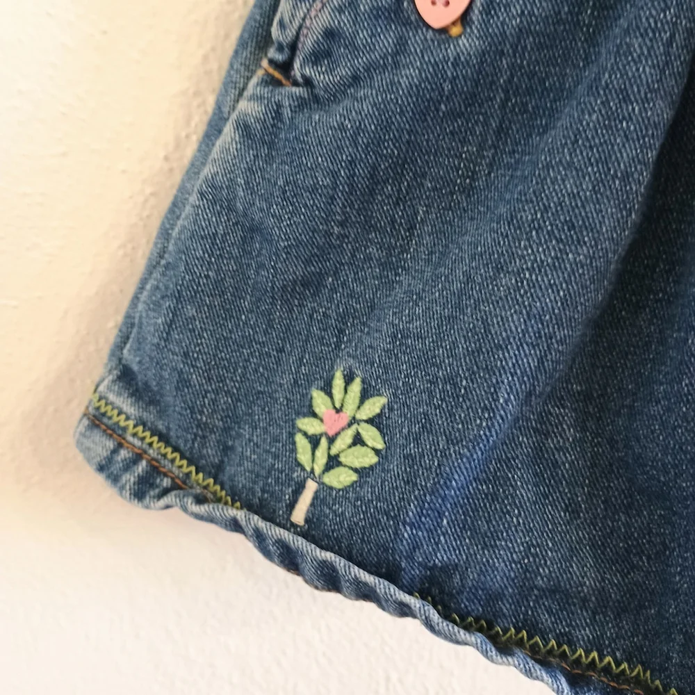 OshKosh B'Gosh Denim Blue Jean Denim Jumper Embroidered Pink Flowers Patches 3/6